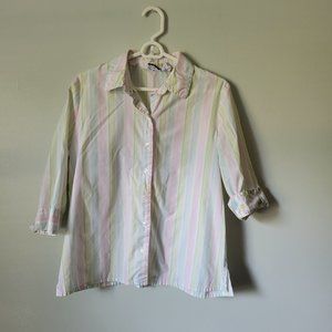 Kim Rogers Button-Down Shirt Women's 12P Petite 3/4 Sleeve Pink, Green, Blue Top